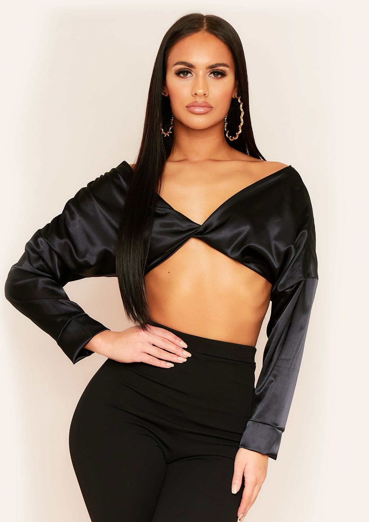 Noemi Black Twist Front Satin Crop Top sold by Missy Empire