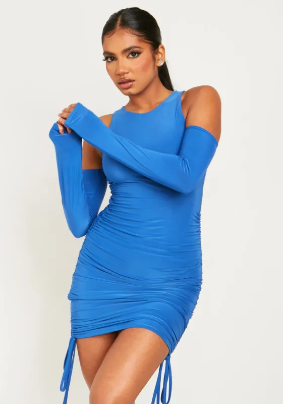 Jayda Blue Slinky Ruched Side Mini Dress With Attached Sleeves sold by Missy Empire