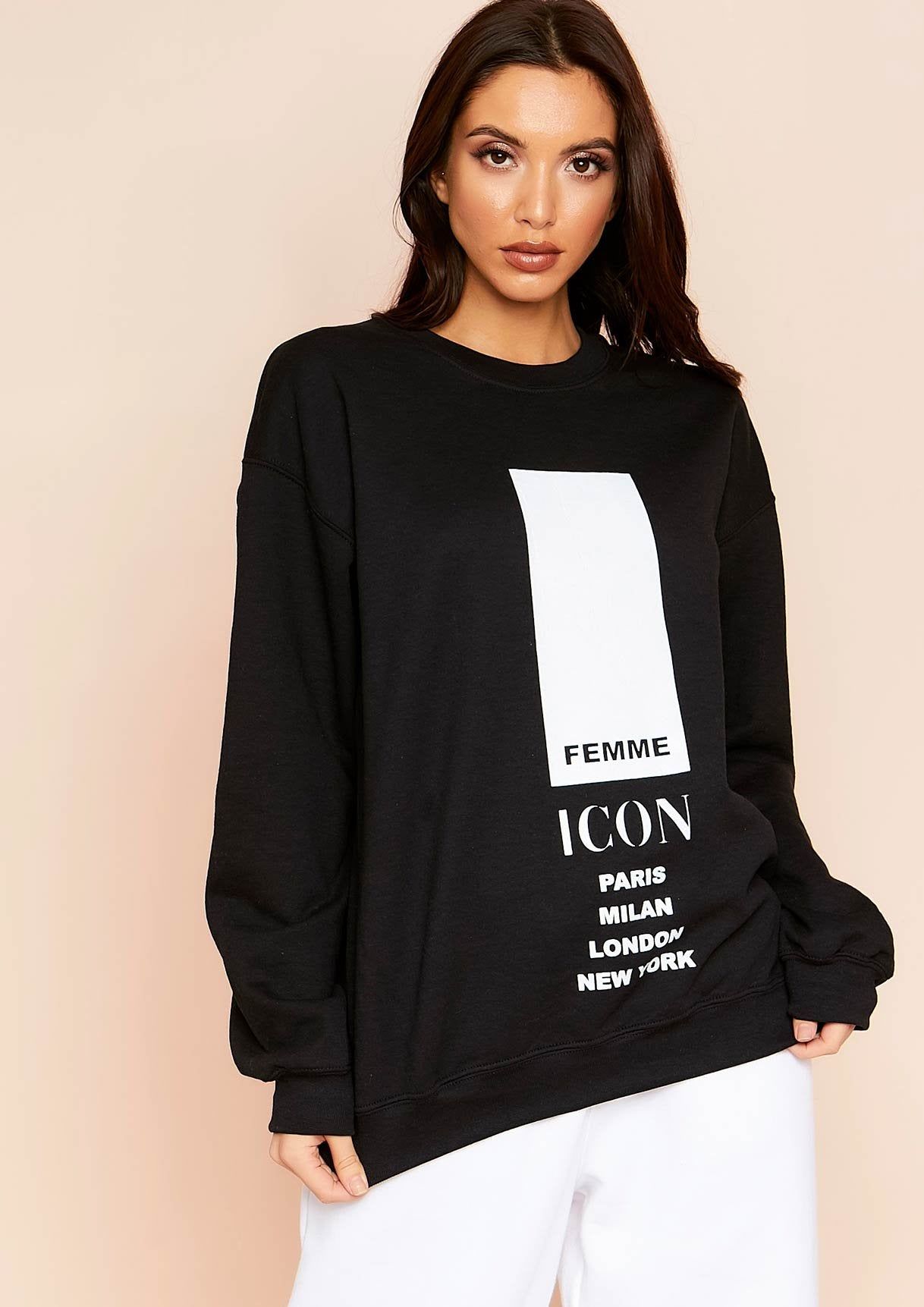 Austyn Black Slogan Femme Icon Oversized Sweatshirt sold by Missy Empire