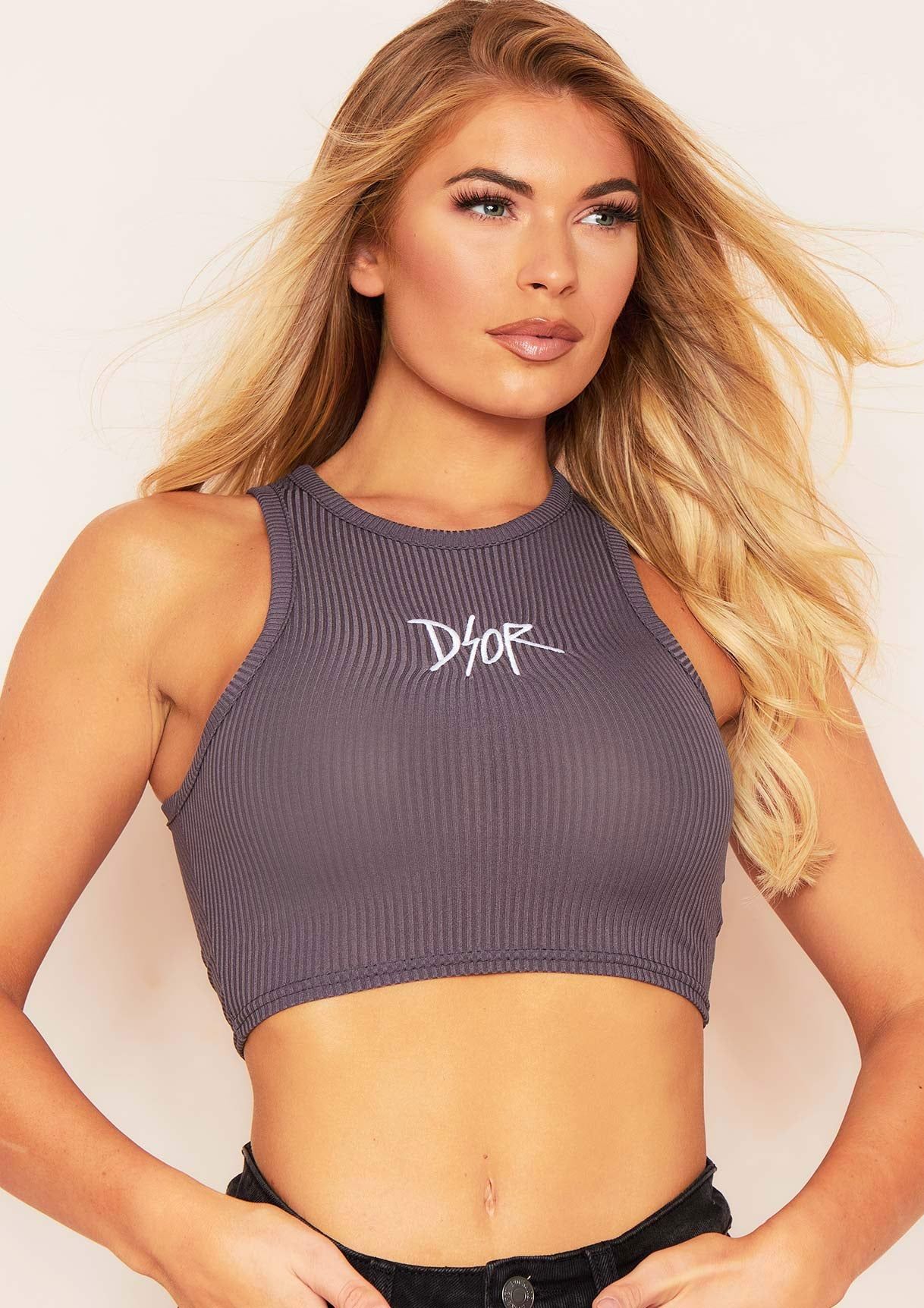 Lou Charcoal Slogan Racer Crop Top sold by Missy Empire product image thumbnail 3