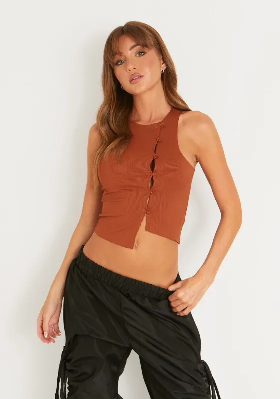 Samia Rust Rib Button Front Asymmetric Crop Top sold by Missy Empire