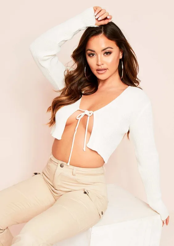 Nataly Cream Ribbed Knit Tie Cropped Cardigan sold by Missy Empire