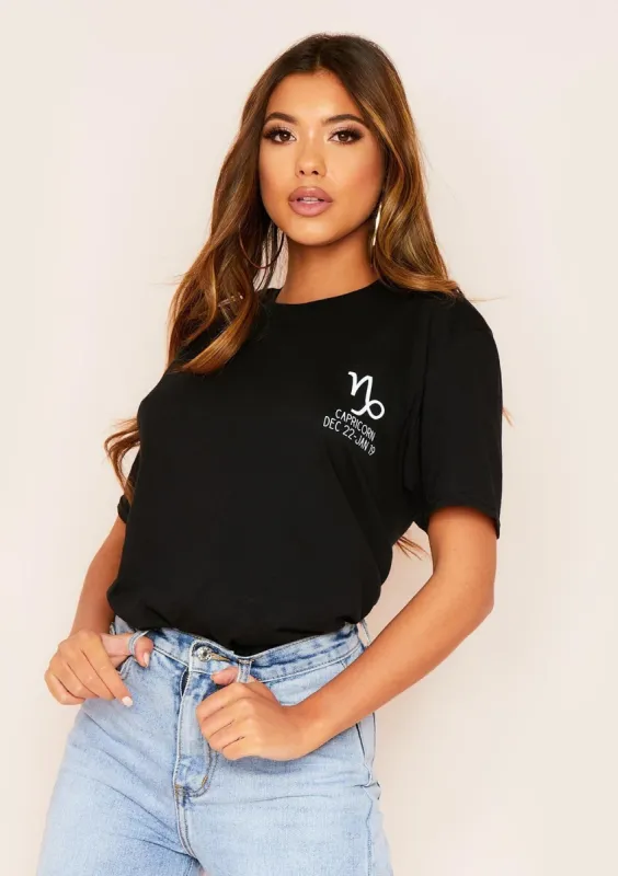 Marisol Black Capricorn Horoscope T-Shirt sold by Missy Empire