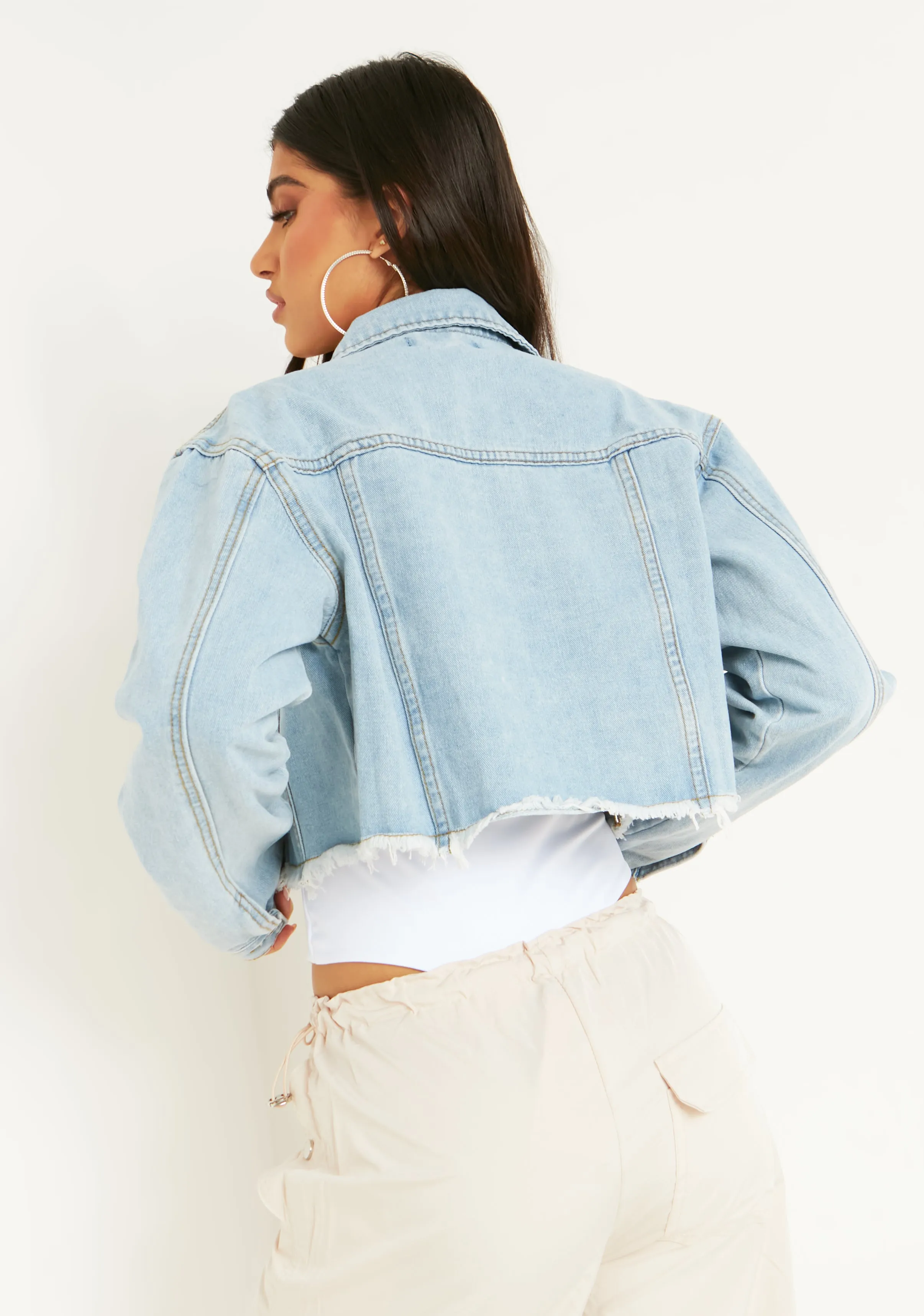 Bianca Blue Light Wash Distressed Hem Crop Denim Jacket sold by Missy Empire product image thumbnail 3