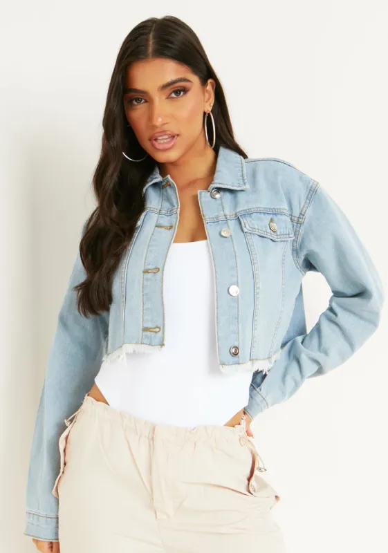 Bianca Blue Light Wash Distressed Hem Crop Denim Jacket made by Missy Empire