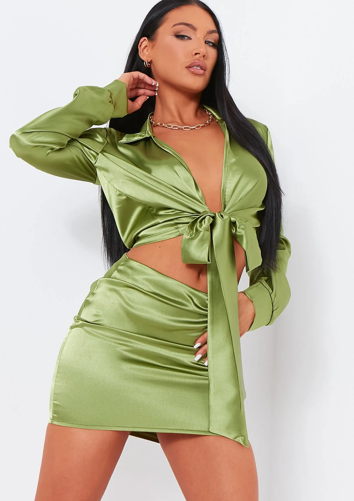Verity Green Satin Mini Skirt Co-Ord sold by Missy Empire
