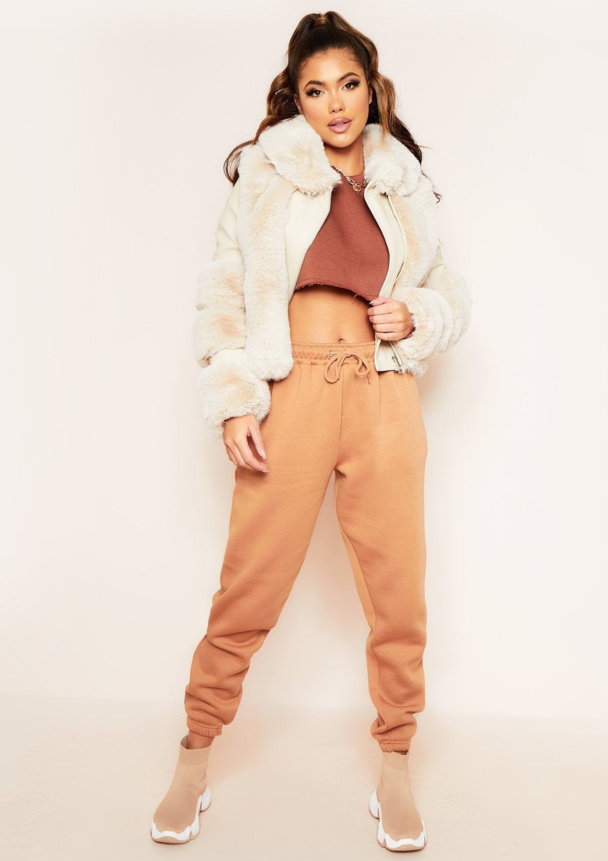 Ava Beige Faux Fur Leather Biker Jacket sold by Missy Empire product image thumbnail 2