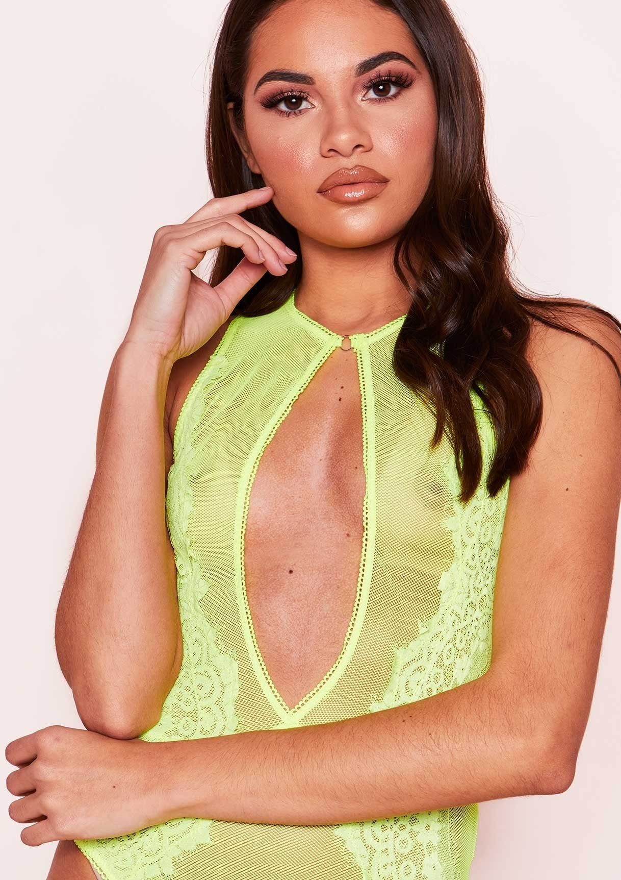 Alana Neon Yellow Lace Mesh Cut Out Bodysuit sold by Missy Empire product image thumbnail 4