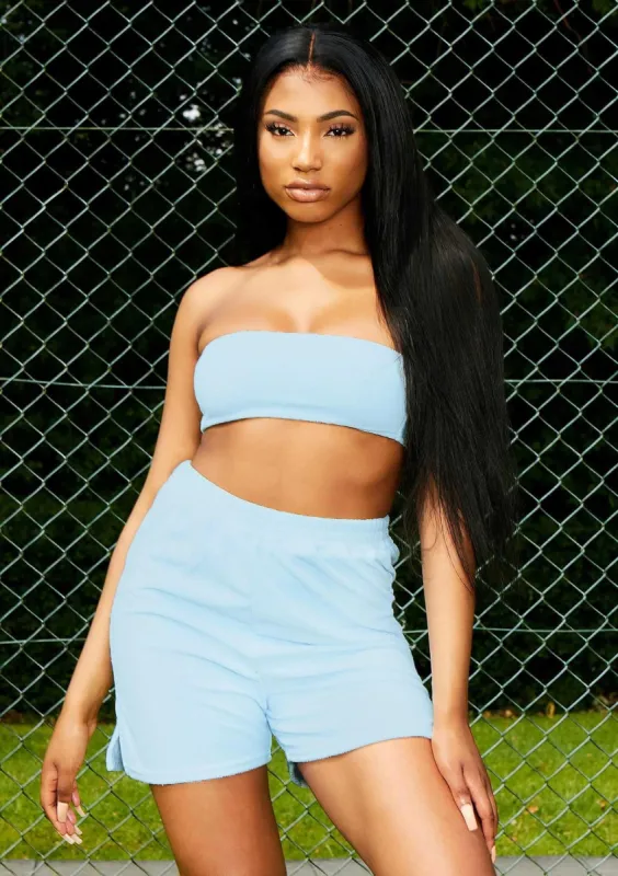 Stormi Pastel Blue Velour Bandeau Crop Top sold by Missy Empire