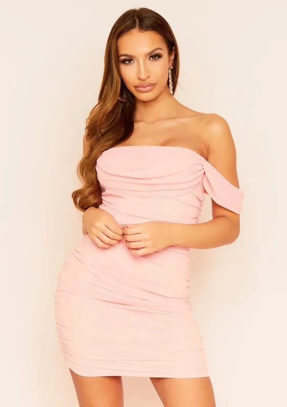 Livia Peach Mesh Ruched Drape Bardot Mini Dress sold by Missy Empire