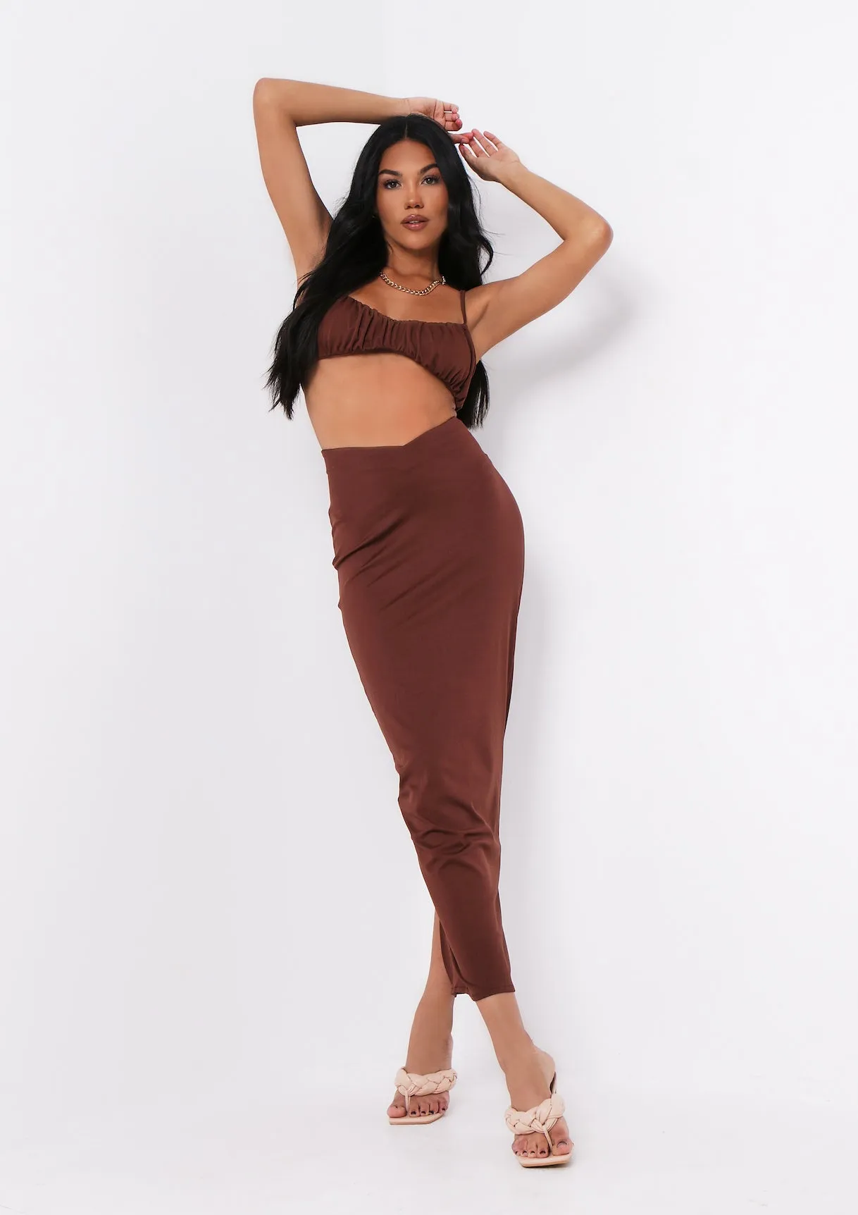 Dulcie Chocolate High Waisted Co-ord Maxi Skirt sold by Missy Empire product image thumbnail 5