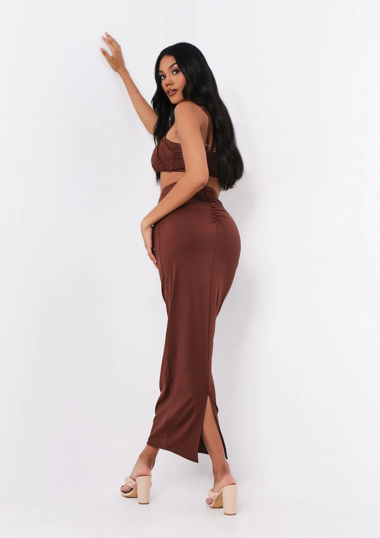 Dulcie Chocolate High Waisted Co-ord Maxi Skirt sold by Missy Empire product image thumbnail 3