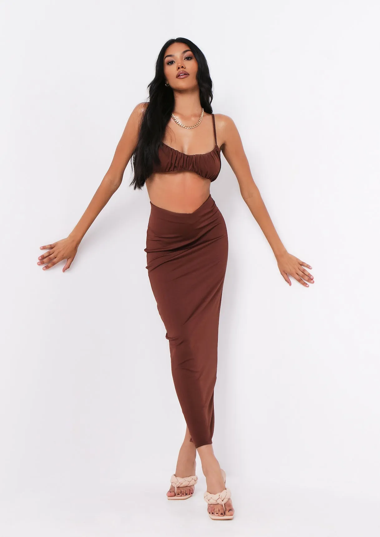 Dulcie Chocolate High Waisted Co-ord Maxi Skirt sold by Missy Empire