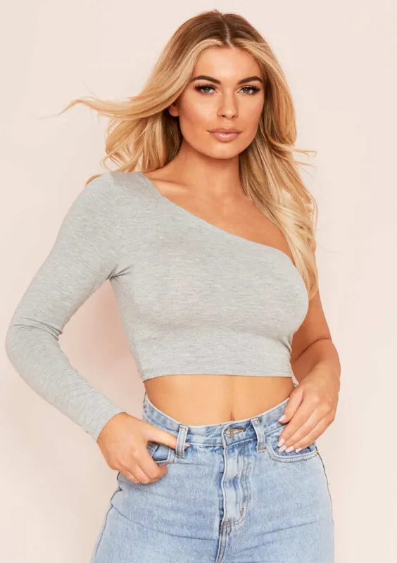 Siara Grey One Shoulder Long Sleeve Crop Top sold by Missy Empire
