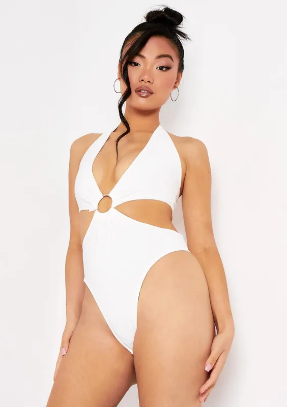 Hana Ivory Halterneck Plunge Hoop Bodysuit made by Missy Empire