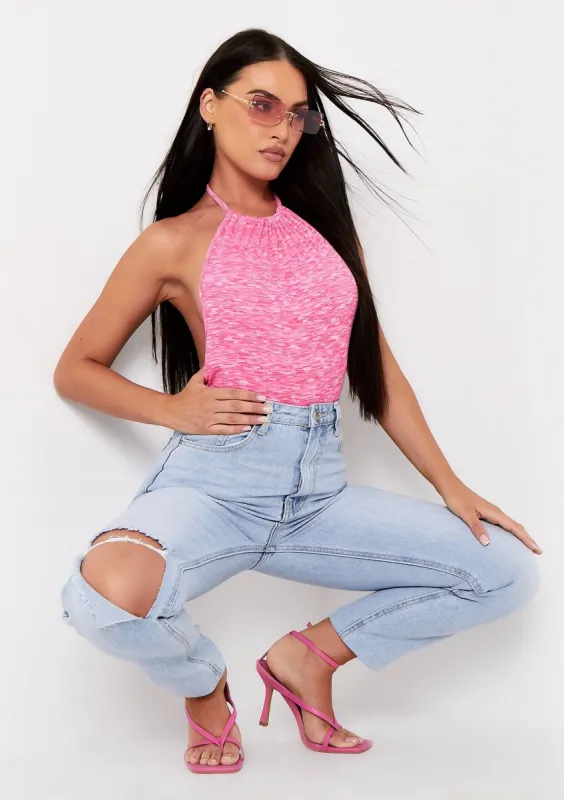 Clara Pink Marl Ribbed Halterneck Bodysuit sold by Missy Empire