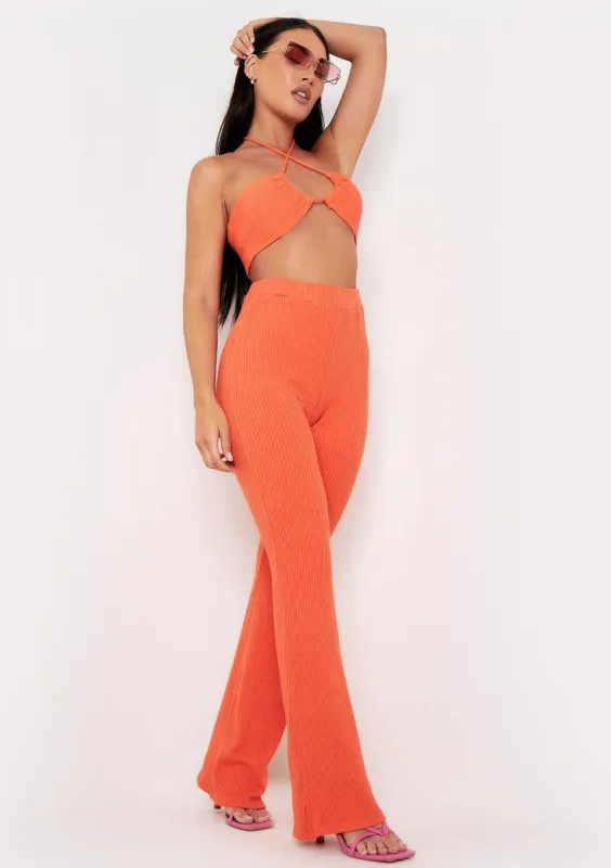 Miranda Orange Flare Brushed Ribbed Trousers sold by Missy Empire