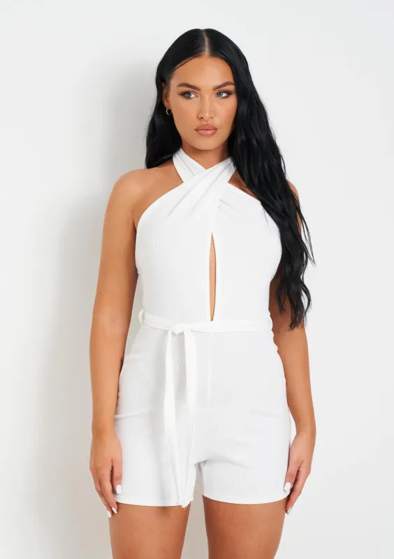 Samantha White Crinkle Jersey Cross Tie Neck Playsuit sold by Missy Empire