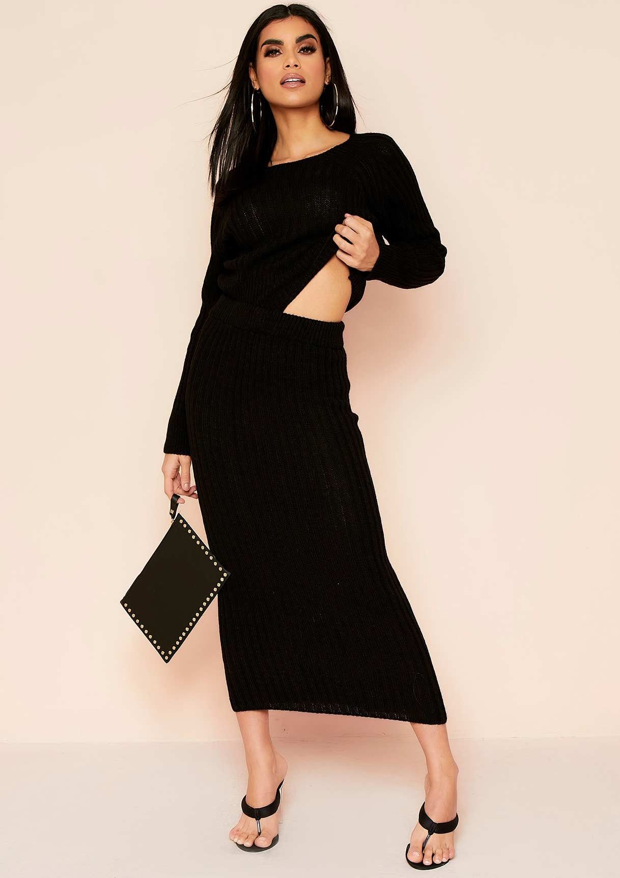 Lyrica Black Ribbed Knit Midi Skirt Co-Ord Set sold by Missy Empire