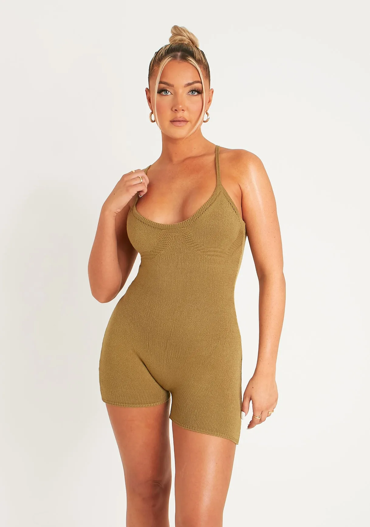 Eliana Olive Thick Knitted Unitard sold by Missy Empire