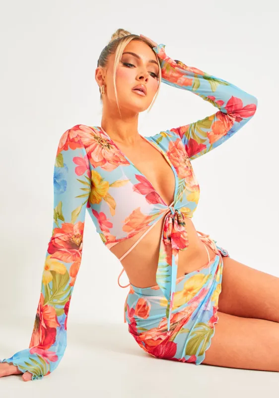 Una Multi Floral Print Mesh Tie Front Top sold by Missy Empire