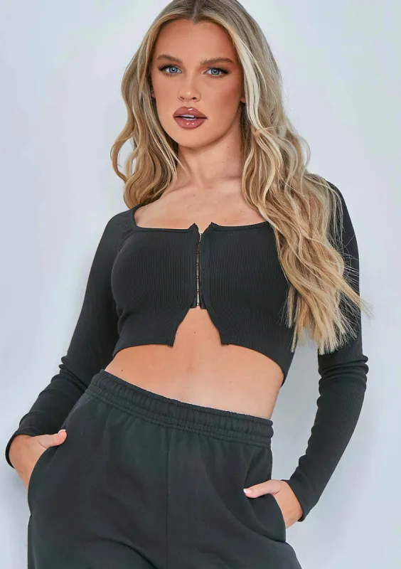 Manny Black Contour Rib Cropped Hook And Eye Long Sleeve Top sold by Missy Empire