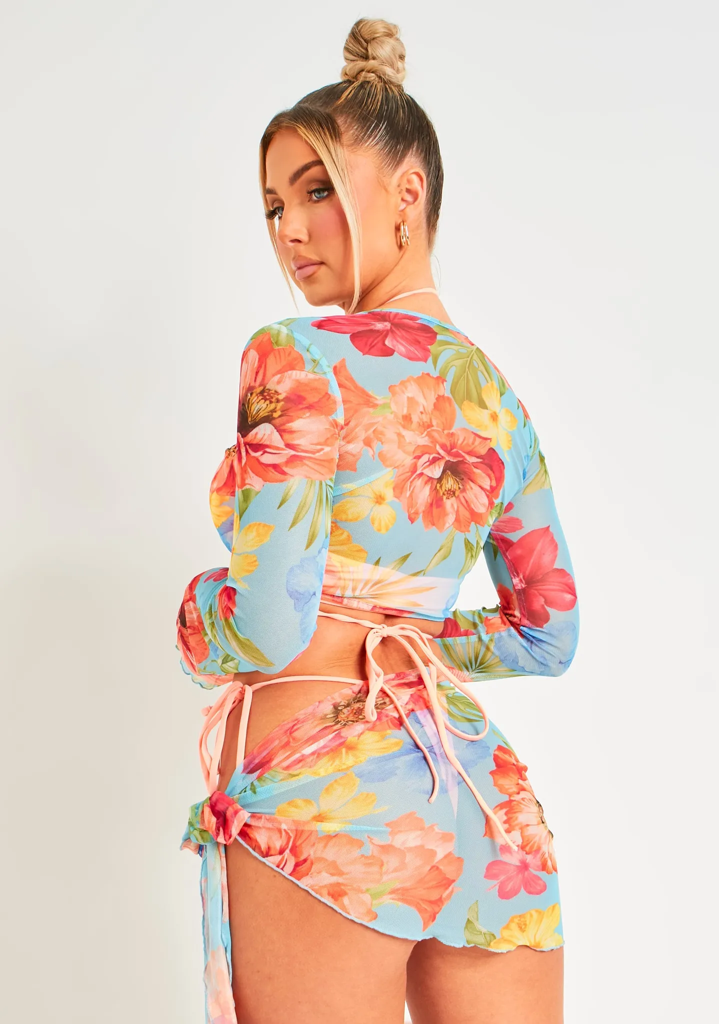 Una Multi Floral Print Mesh Tie Front Top sold by Missy Empire product image thumbnail 3