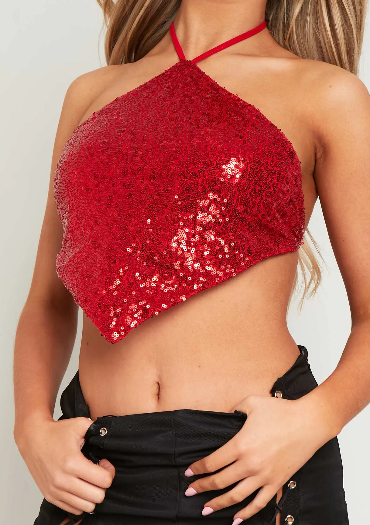 Luna Red Sequin Halter Neck Tie Top sold by Missy Empire product image thumbnail 2