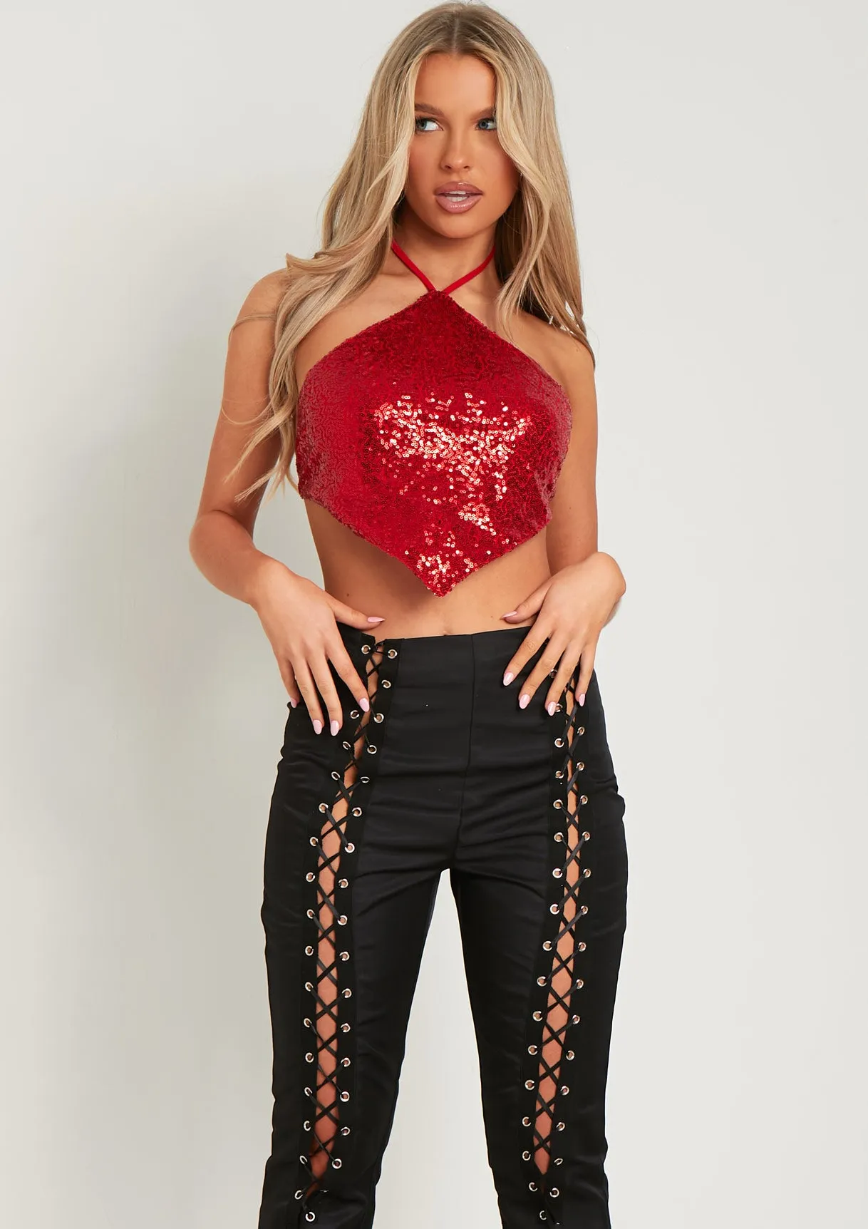Luna Red Sequin Halter Neck Tie Top sold by Missy Empire product image thumbnail 4