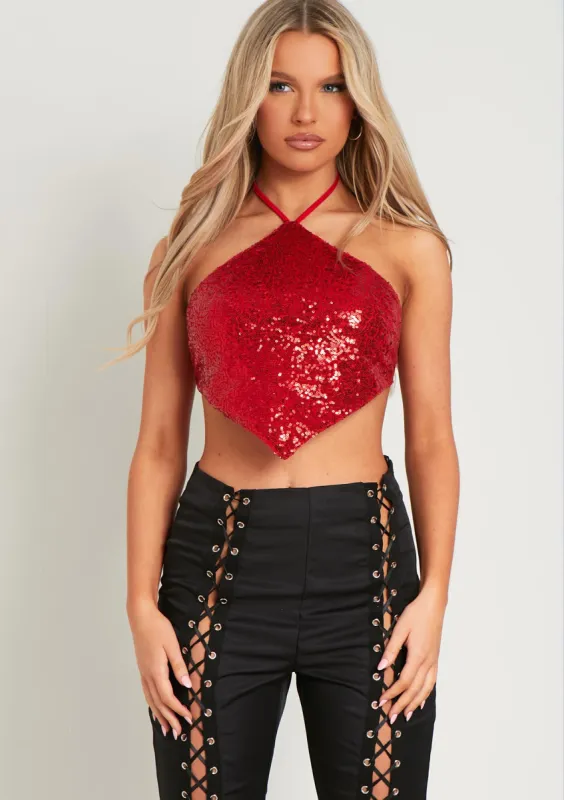 Luna Red Sequin Halter Neck Tie Top sold by Missy Empire