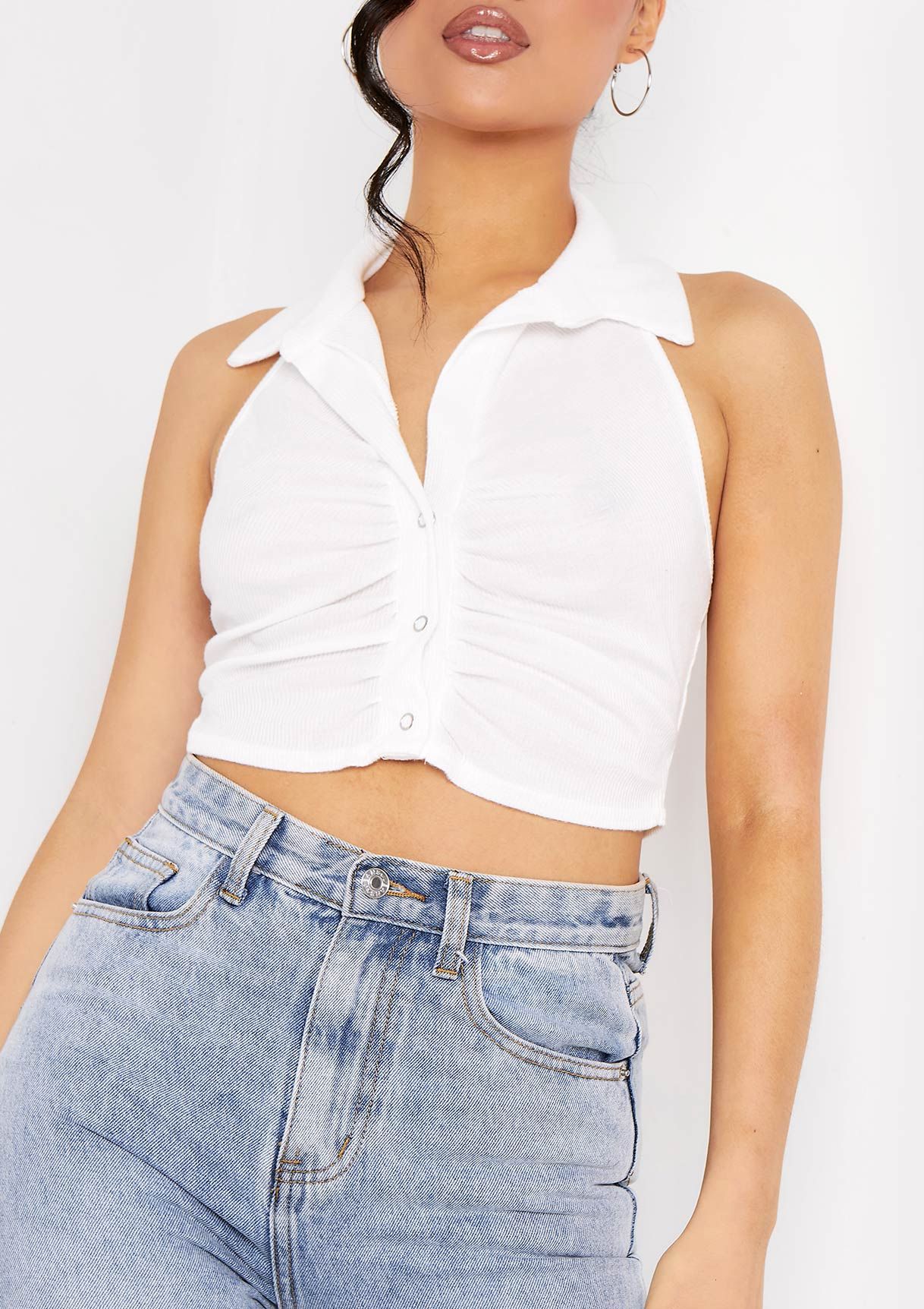 Vivian Ivory Popper Brushed Ribbed Ruched Front Collar Crop Top sold by Missy Empire product image thumbnail 4