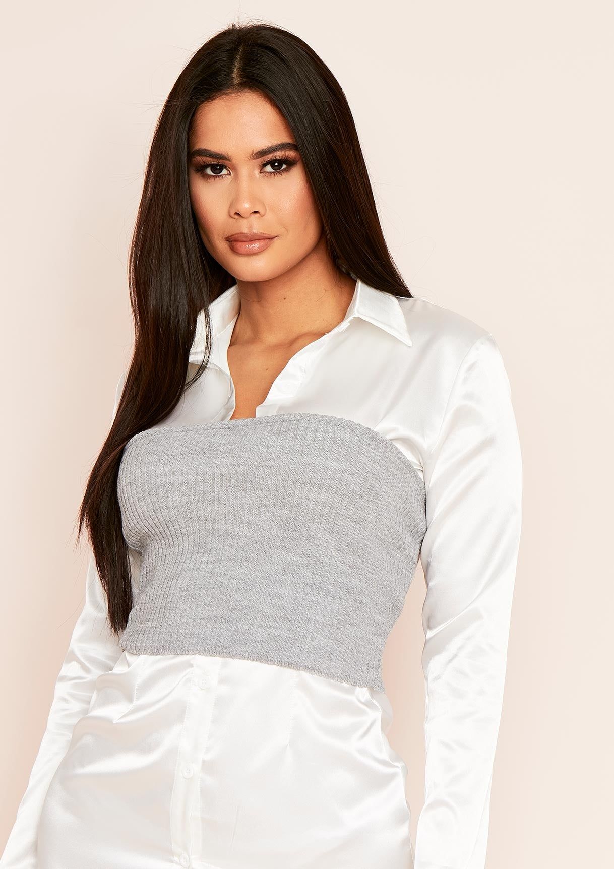 Vikie Grey Knitted Bandeau Crop Top sold by Missy Empire