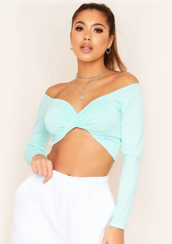 Socorro Mint Twist Front Bardot Long Sleeve Crop Top sold by Missy Empire