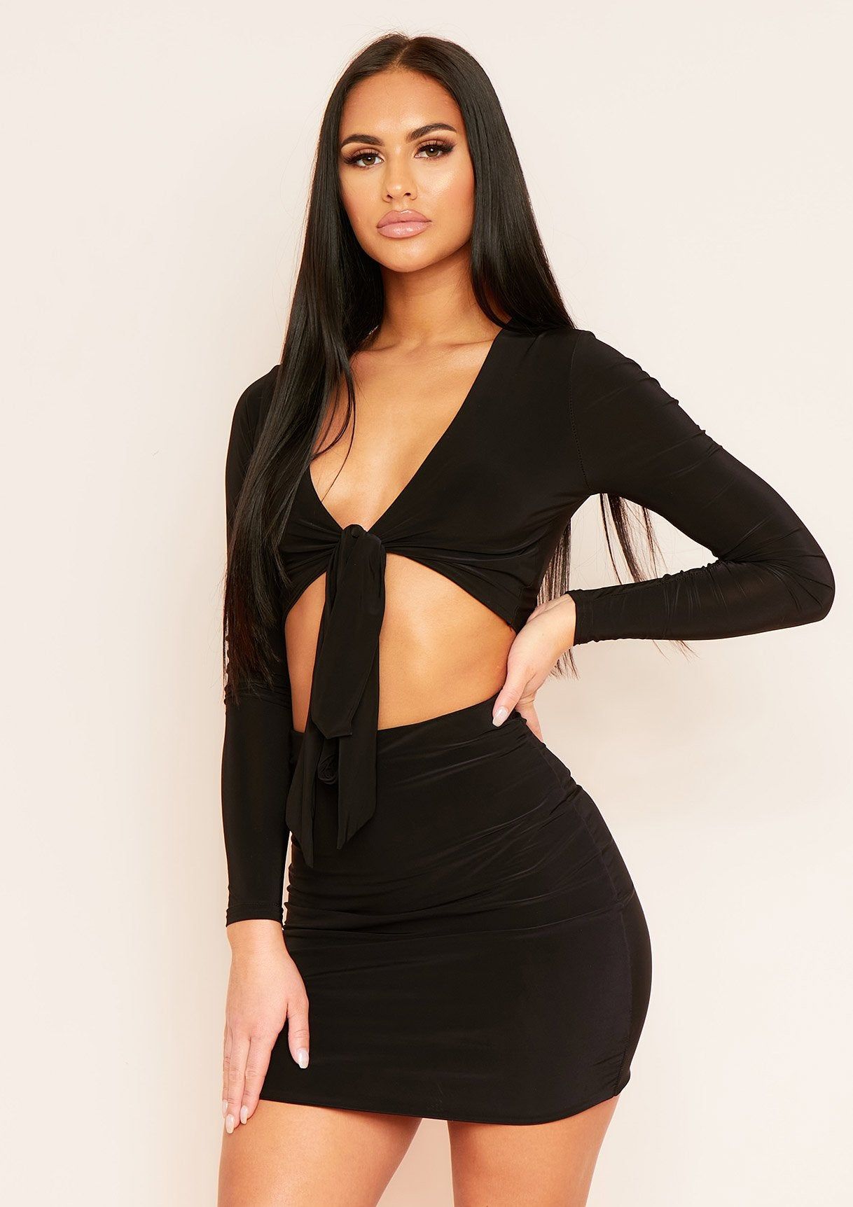 Genoa Black Slinky Tie Front Top sold by Missy Empire