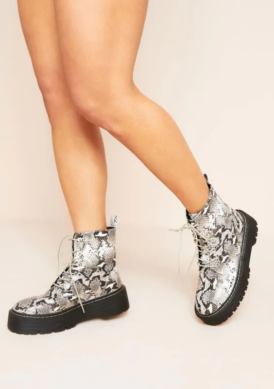 Inesita Snake Print Vegan Leather Chunky Ankle Boots sold by Missy Empire