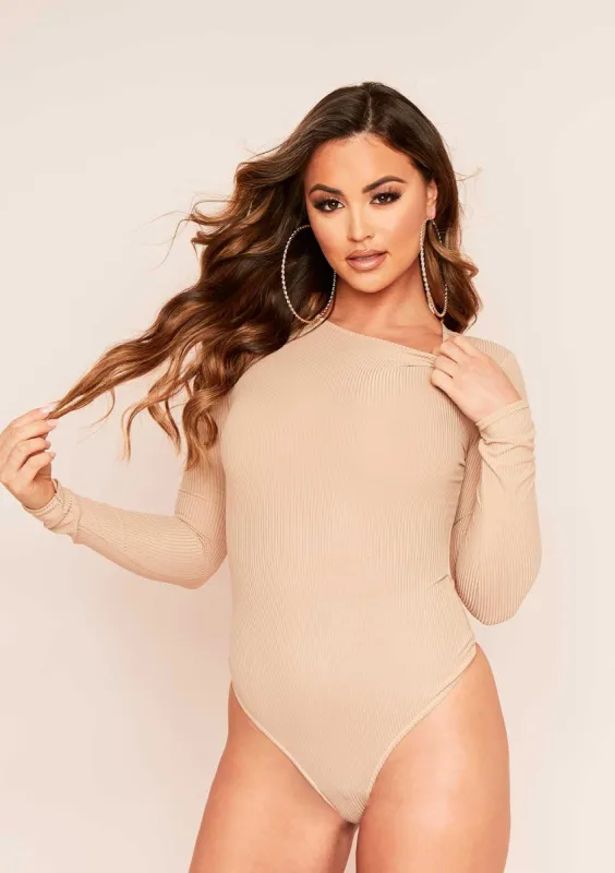 Camila Beige Ribbed Long Sleeve Bodysuit sold by Missy Empire