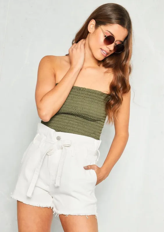 Lydia Khaki Smock Bandeau Crop Top sold by Missy Empire