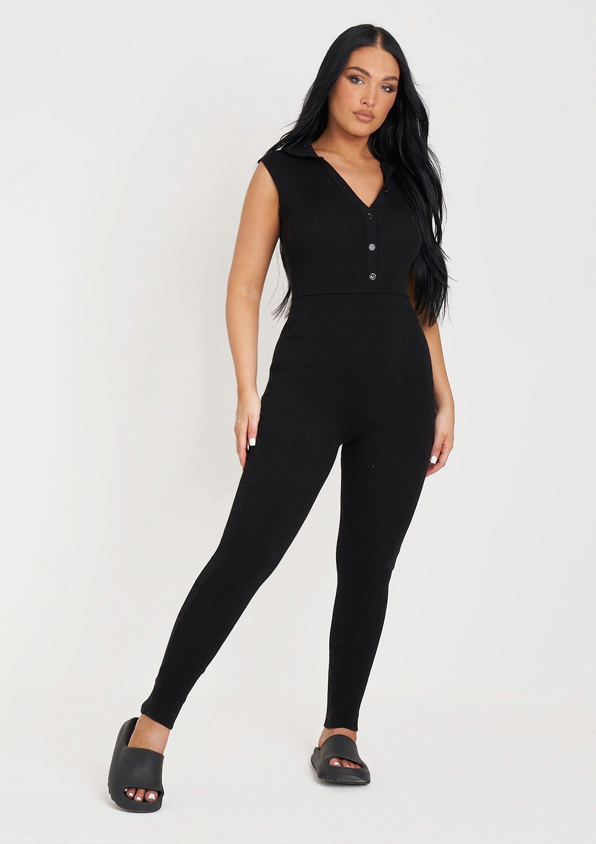 Marli Black Knitted Button Front Sleeveless Jumpsuit sold by Missy Empire product image thumbnail 2