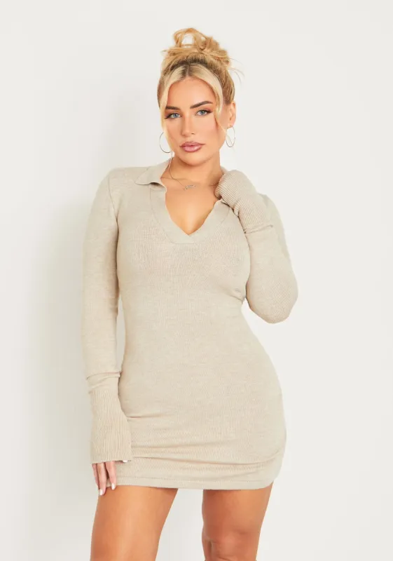 Aleena Stone Knitted Flare Cuff Collared Mini Dress made by Missy Empire