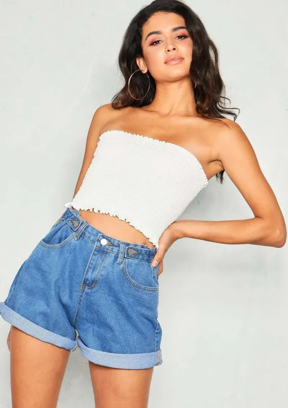 Lydia White Smock Bandeau Crop Top sold by Missy Empire