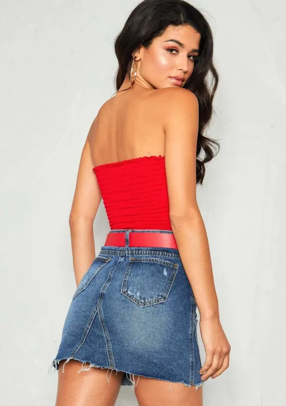 Lydia Red Smock Bandeau Crop Top sold by Missy Empire