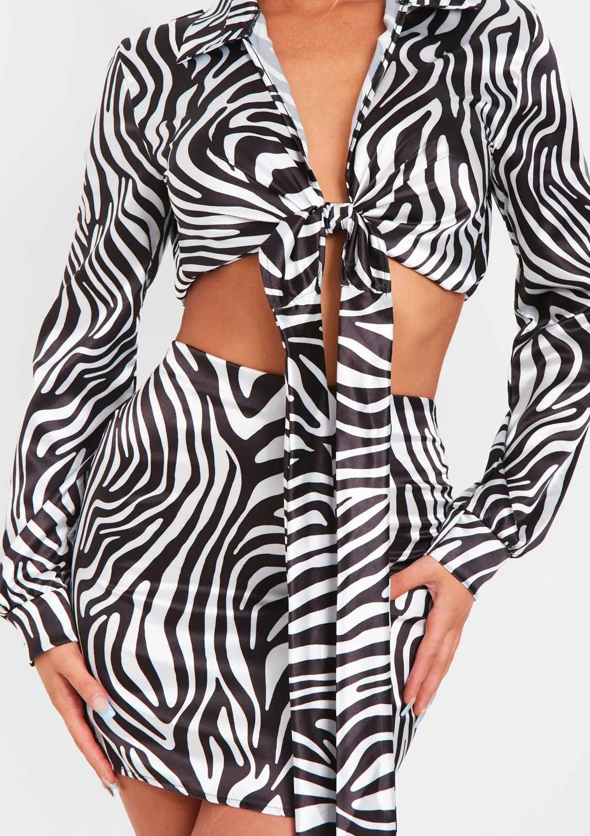 Marianna Zebra Satin Tie Front Cropped Shirt Co-Ord sold by Missy Empire product image thumbnail 2
