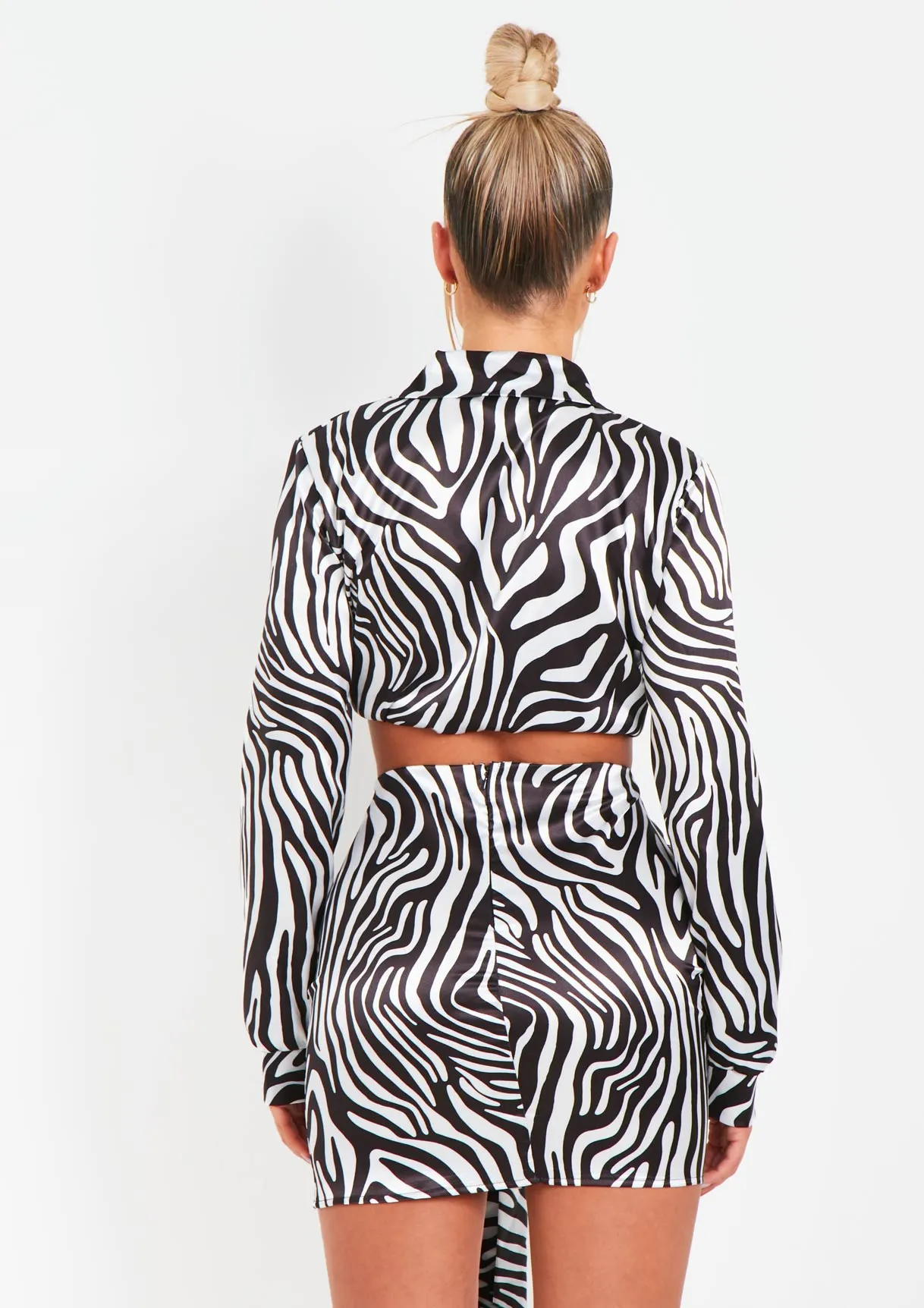 Marianna Zebra Satin Tie Front Cropped Shirt Co-Ord sold by Missy Empire product image thumbnail 3