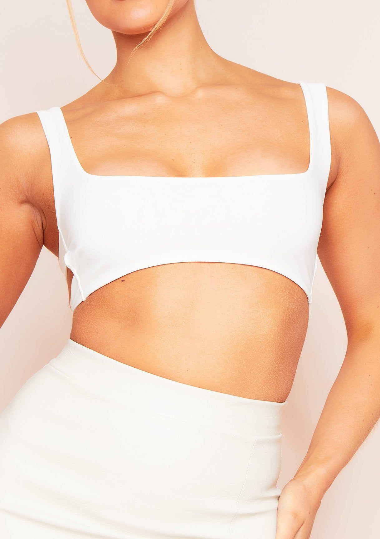 Malika White Cut Out Back Strap Detail Slinky Crop Top sold by Missy Empire product image thumbnail 3