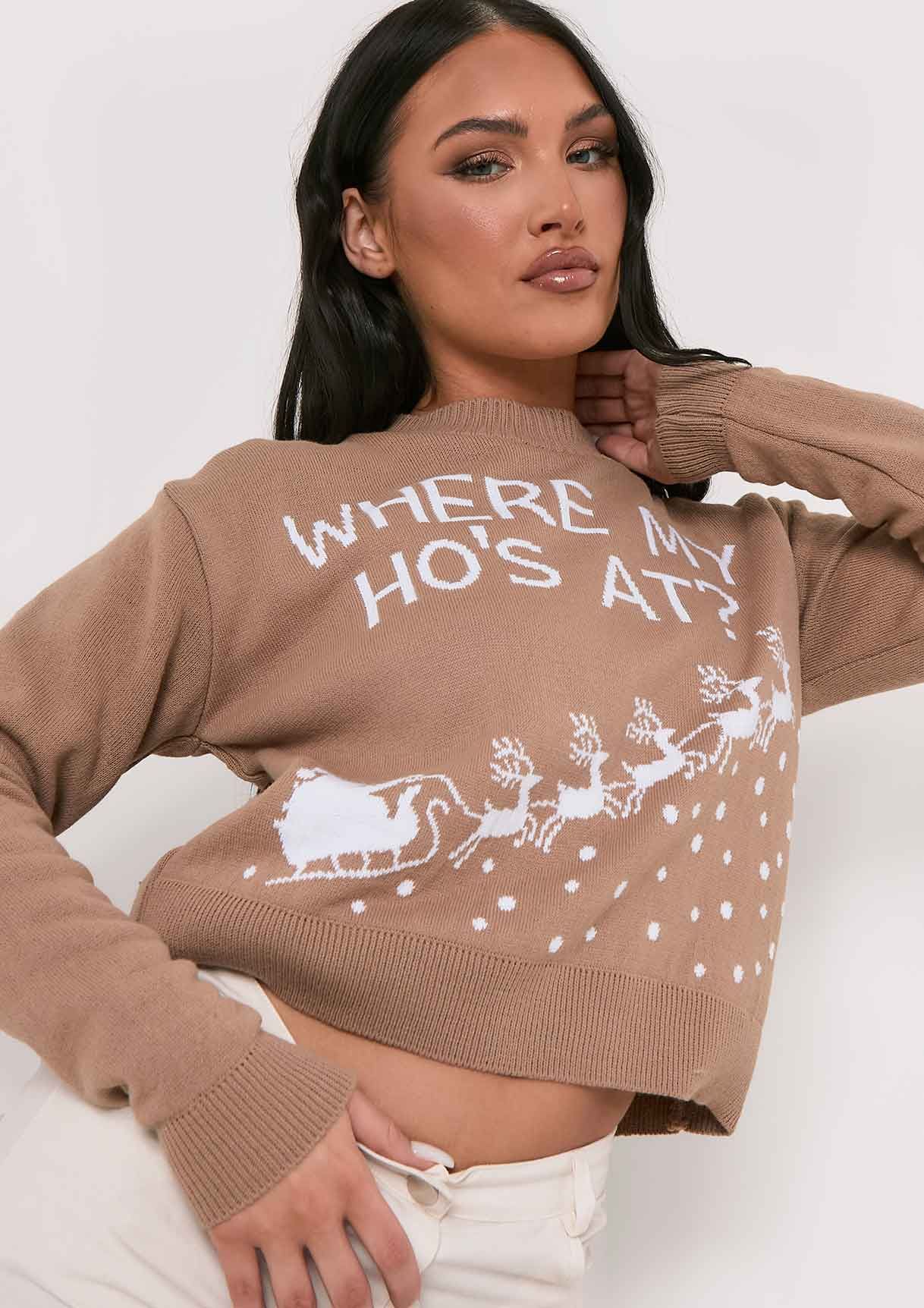 Alisa Beige 'Where My Ho's At' Knitted Christmas Jumper sold by Missy Empire product image thumbnail 6