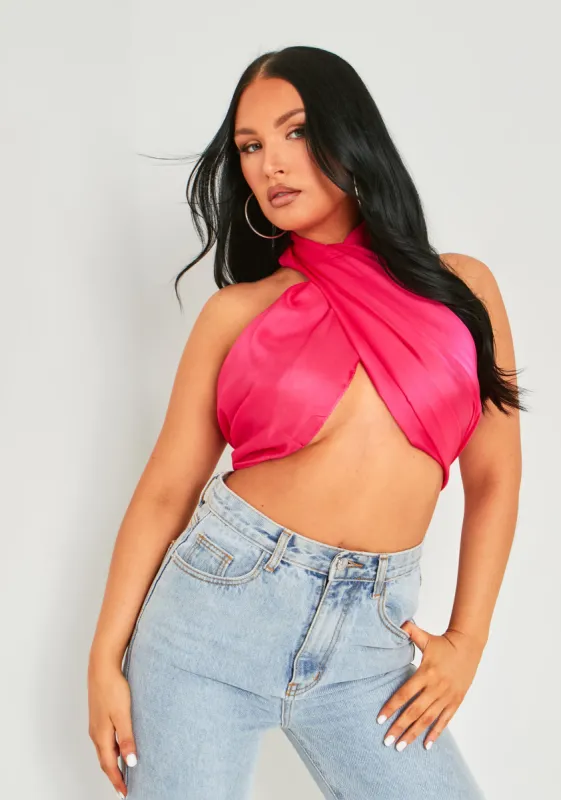 Dayna Pink Wrap Around Halterneck Scarf Top sold by Missy Empire