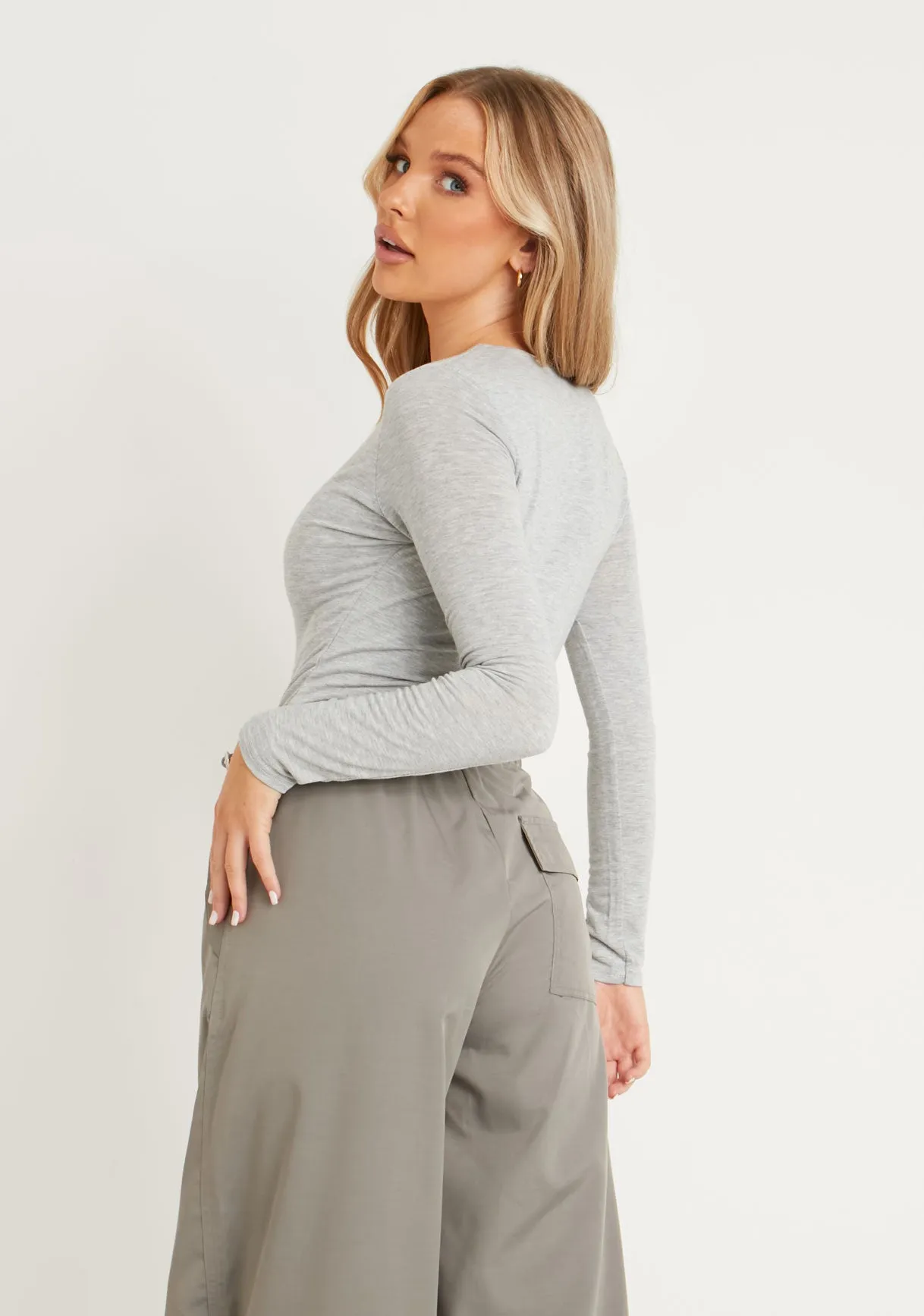 Lisa Grey Marl Long Sleeve Plunge Bodysuit sold by Missy Empire product image thumbnail 3