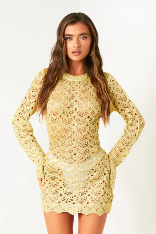 Candice Gold Crochet Knitted Open Back Mini Dress sold by Missy Empire