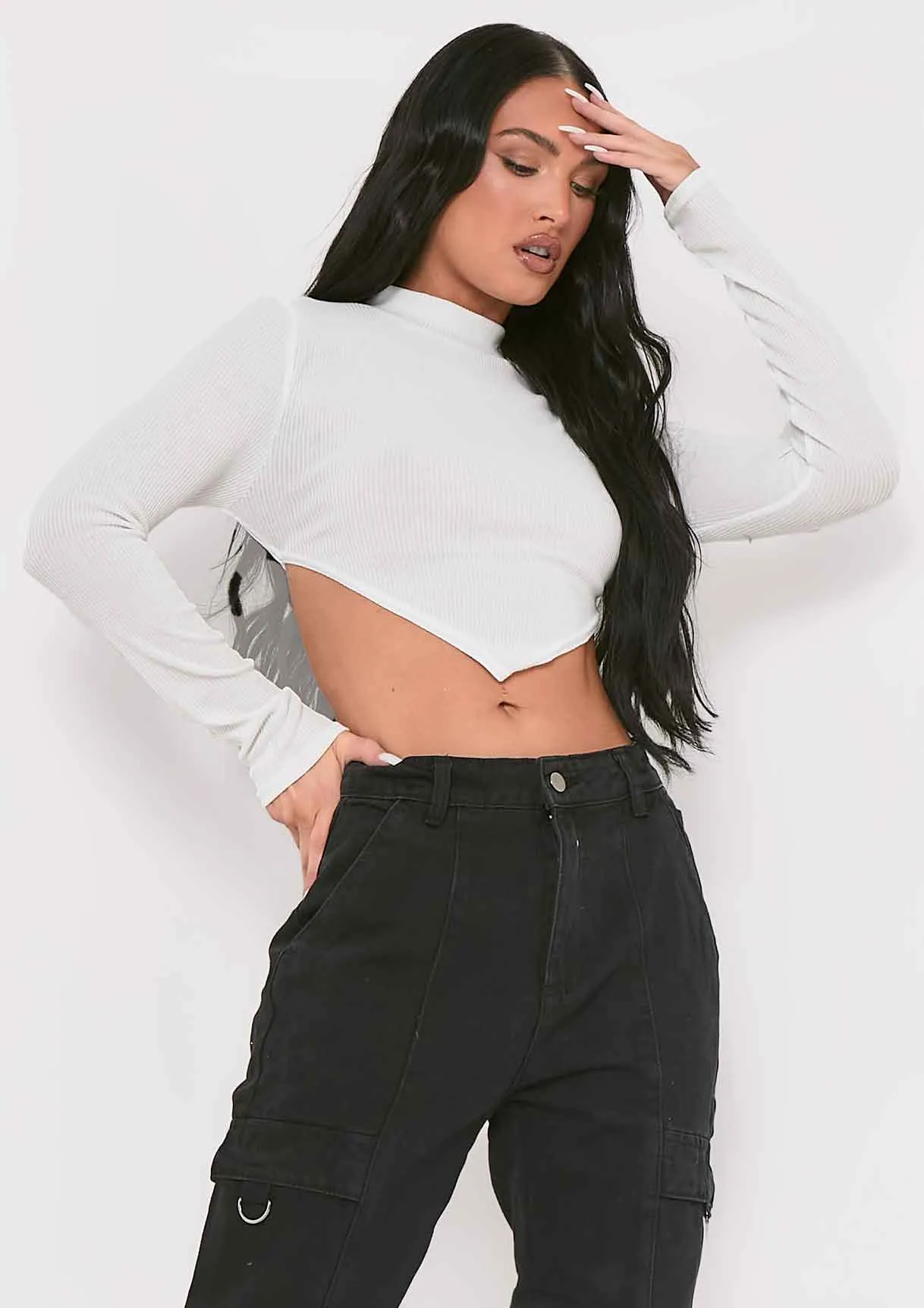 Roderiga White Ribbed High Neck Tie Back Crop Top sold by Missy Empire product image thumbnail 2