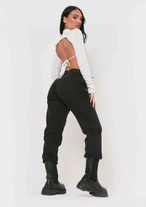 Roderiga White Ribbed High Neck Tie Back Crop Top sold by Missy Empire